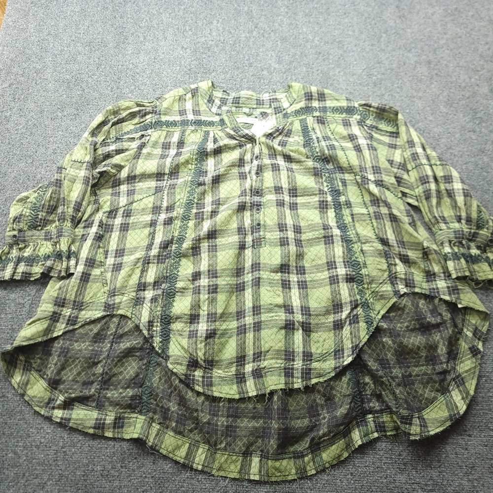 Free People We The Free Plaid Embroidered Tunic Top Green Black OB1428892 M